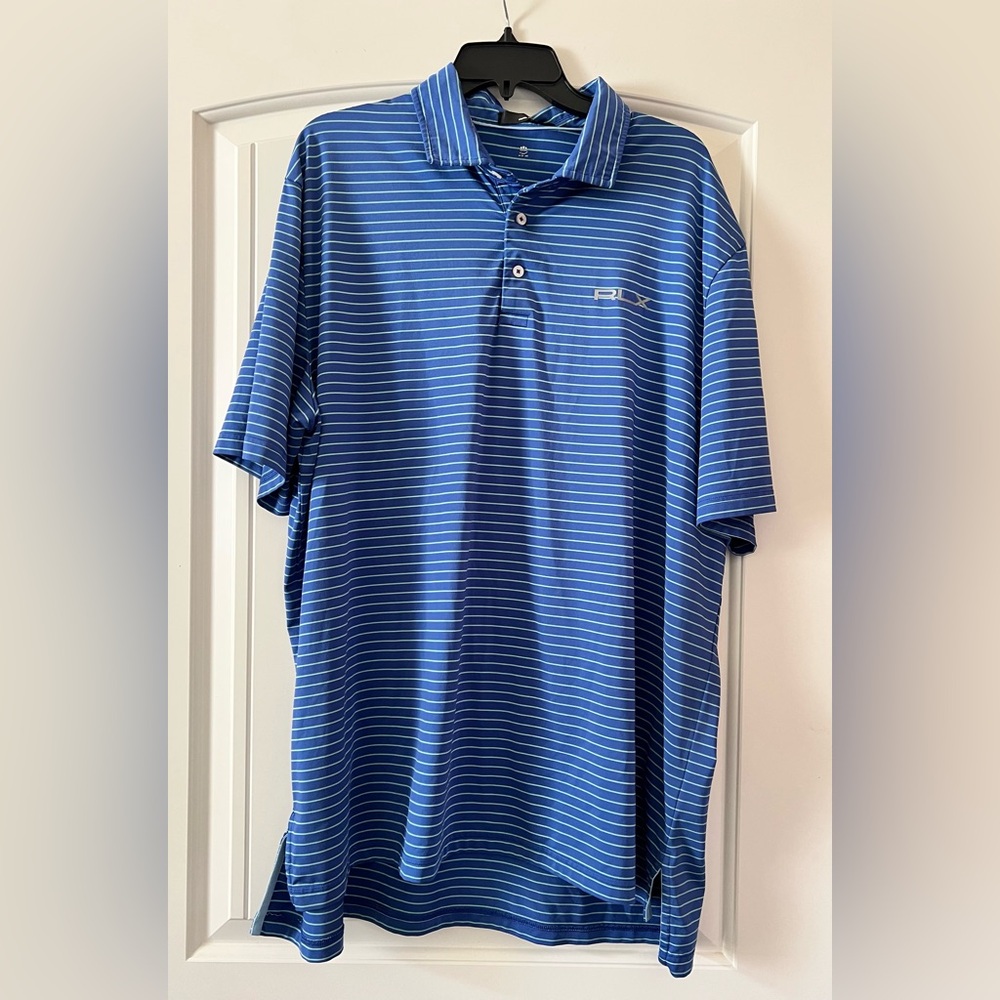 Ralph Lauren RLX Polo Mens XXL Collared Shirt Wicking Blue Striped Golf Performa